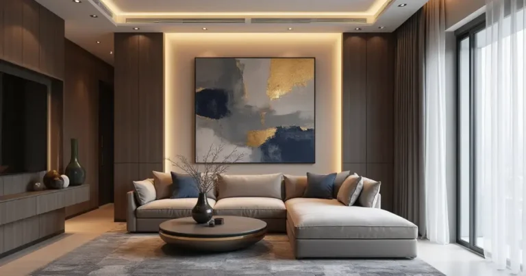 Luxury living room with marble wall, gold accents, and crystal chandelier.