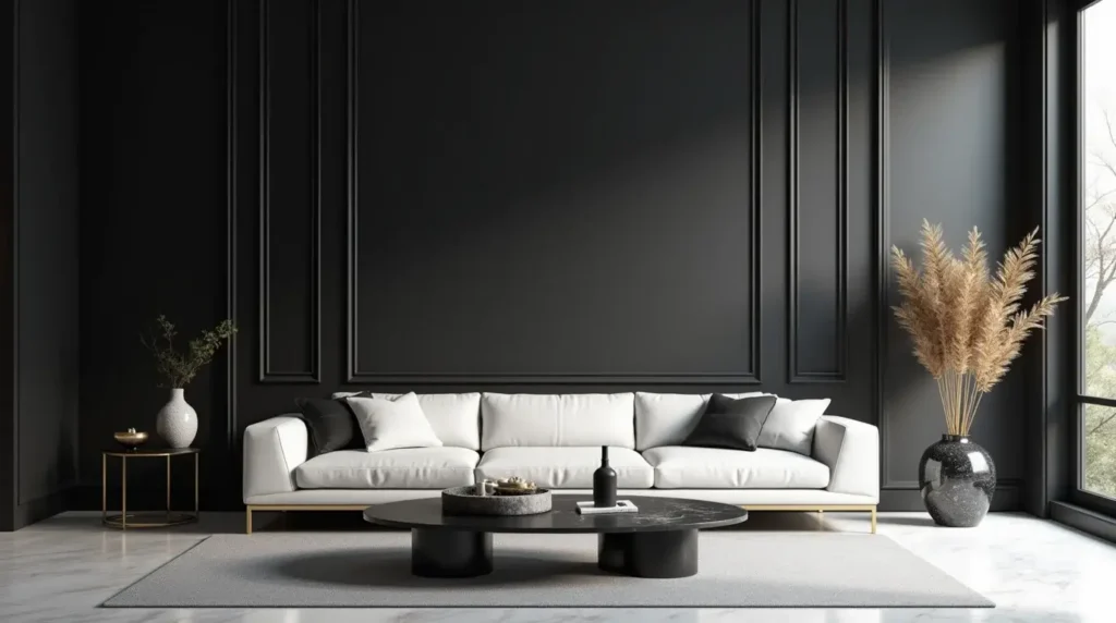 Luxury black-and-white living room with gold decor accents.