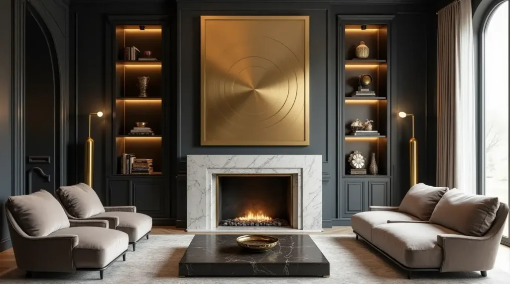 Living room with metallic gold wall decor and marble fireplace.